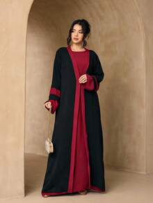 Fashionable Versatile Ice Silk Crinkled Long Robe 4-Piece Set For Women, Elegant Sleeveless Long Robe + Abaya Cardigan Long Robe + Scarf + Waist Rope Set, Soft Skin-Friendly Sun Protection Muslim Clothing Shawl - Black and Red - View 5