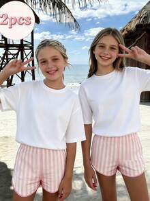 Two-Piece T-Shirt Set For Girls: White Short-Sleeve Tee With Large Back Print Of Cherry & Strawberry With Bow Details, Plus Striped Shorts - White + White - View 4