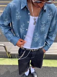 HOMIIE Men Fall Long Sleeve Cropped Shirt, Blue Floral Print Lapel Button Down Shirt With Pocket, Streetwear Casual Tops For Autumn - Blue - View 4
