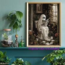 Ghost Reading Newspaper On Toilet Canvas Painting - Whimsical Bathroom Wall Decor, Vintage Gothic Poster - Dark Academia Home Office, Bedroom, Cabin Decor - Halloween Themed Unframed Art - F - View 2