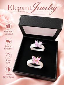 2Pcs Pink Butterfly Cubic Zirconia Silicone Ring Set With Gift Box US Size 6-9 BFF Friendship Matching Rings - Silicone Ring Gift Box - View 8
