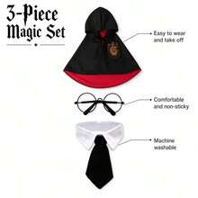 3pcs Horror Dark Gothic Pet Wizard Costume - Horror Hooded Cape With Glasses And Tie, Halloween Dog Cosplay Outfit - Red/Black - View 12
