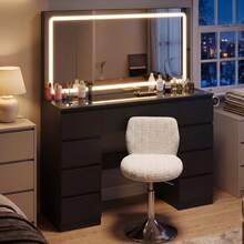 Devoko Modern Vanity Table With Extra Large LED Mirror, 3 Light Colors And Dimmable Brightness, Dressing Table With Glass Top, 9 Drawers, Power Strip And Hair Dryer Holder, White/Black - 查看 3