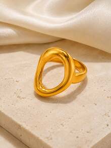 Vintage 3D Hollow 5-Petal Flower Asymmetrical Wavy Plain Ring Set, Minimalist Premium Stackable Versatile Accessory - Gold - View 4