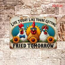 2D Flat Vintage Farmhouse Metal Wall Decor 8x12 Inches, Funny Rooster And Chicken Quote Sign "Live Today Like You'll Be Fried Tomorrow", Suitable For Country Home, Bar, Cafe, Rustic Kitchen Decoration Gift Creative - Multicolor - View 5