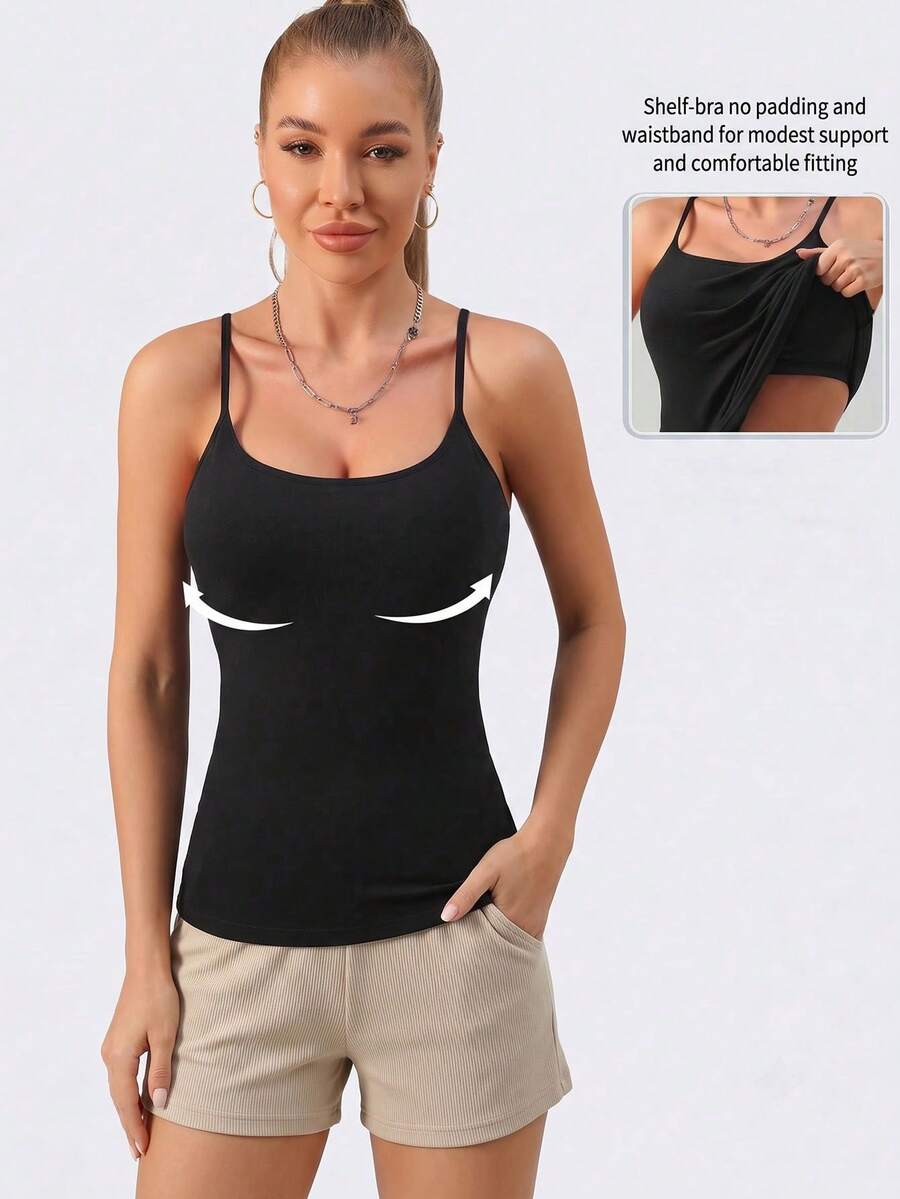 1pc Spring/Summer Adjustable Strap Cup-Less Camisole, No Bra Needed Casual Innerwear Outerwear Base Layer Backless Black Tank Top