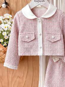 Baby Girl Fashion Jacket With Woven Cuff, Turn-Down Collar And Pearl Buttons, And Fashion Skirt With 3D Bow And Woven Hem - Baby Pink - View 2