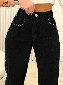 Women's Black Washed Loose Straight Leg Jeans, Retro Casual Street Style With Rivet Decor Spring, High Waisted - Black - View 2