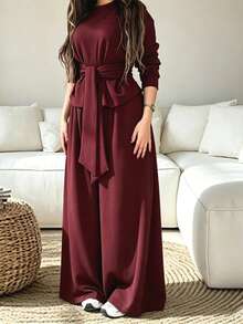Fall Women's Solid-Color Casual Set: Round-Neck Long-Sleeve Top With Elastic Waistband And Pockets, Wide-Leg Pants (Two Pieces Set) - Burgundy - View 3