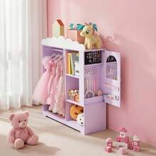 Kids Dress Up Storage, With Jewelry Cabinet, Dress Up Closet With Mirror And Shelves, Princess Costumes Wardrobe Closet, Toddler - Purple - View 2