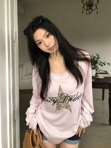American Lazy Leopard Print Star Graphic T-Shirt Casual - Pink - View 5