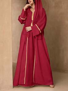 Fashionable Versatile Solid Color 3-Piece Set Women's Minimalist Sleeveless Long Robe + Abaya Cardigan Long Robe + Scarf Set, Soft Skin-Friendly Sun Protection Muslim Clothing Shawl - Red - View 6