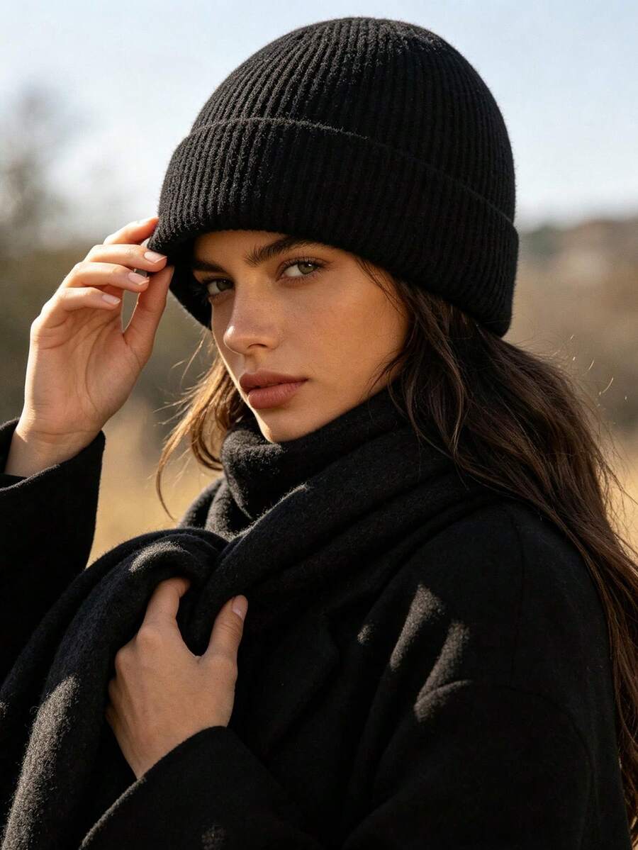 1pc Ribbed Knit Beanie, Minimalist Solid Color Loose Oversized Hat, Unisex Autumn/Winter Warm Ear Protection Wool Cap - 1pcs - View 1