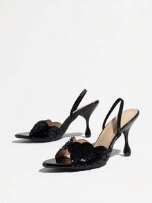 Women's Black Asymmetrical Heel High Heel Sandals, Round Toe Open Toe With Back Strap, Exquisite Sequin And Bead Decoration Luxury, Mirror Texture High-End Comfortable, Fashionable Romantic Elegant, Perfect For Creating Light Luxury, Party, Date, Vacation Or Wedding Looks, Eye-Catching Gold High Heel Women's Shoes - Black - View 8