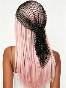 1pc Rhinestone Fishnet Headscarf, Crystal Fishnet Headwrap, Sparkling Rhinestone Mesh Long Tail Hair Cap, Party Bridal Styling Headpiece, Elastic Hairband, Luxury Black Rhinestone Mesh Headwrap Scarf - A - View 3