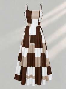 Set Gaun Elegan 2 Potong, Gaun Elegan Motif Kotak-kotak + Atasan Kardigan, Pakaian Sehari-hari Musim Panas - Coffee Brown - View 4