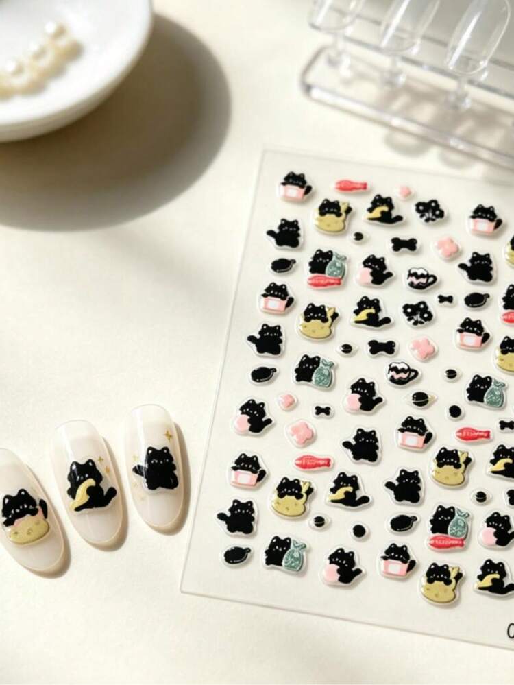 2Pcs/Set 3D 3D Embossed Cute Black Cat Nail Stickers, Self Adhesive Cartoon Kitten Nail Decals, Kawaii Animal Nail Art Decorations For DIY Manicure Press On Nails - Multicolor - View 4