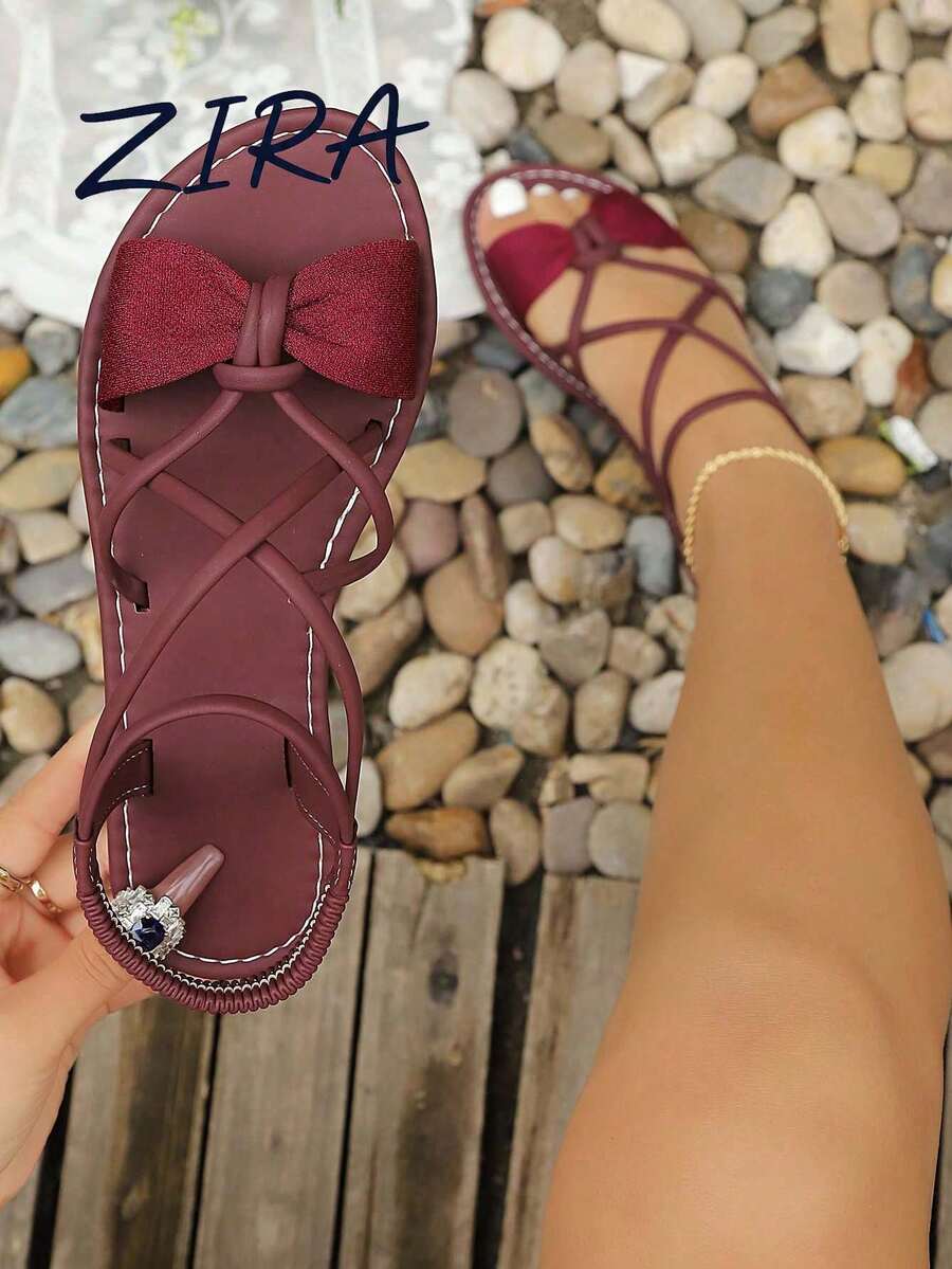 Zira 女款新款圓頭細帶交叉結蝴蝶結彈性後帶平底涼鞋
