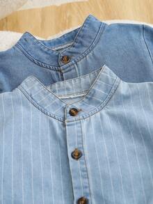 2pcs/Set Versatile Solid Color Stand Collar Striped Long Sleeve Denim Shirt For Boys, Street Style Minimalist Denim Top, Spring/Autumn Kids Denim Shirt - Multicolor - View 3