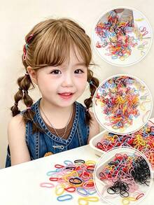 500入純色一次性兒童髮圈，不傷髮質，嬰兒小馬尾髮帶，女孩簡約基礎髮繩 - 彩色 - 查看 1