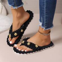 Sandal Jepit Hangat Musim Gugur/Dingin dengan Hiasan Paku Keling, Sol Lembut untuk Dipakai di Dalam dan Luar Ruangan, Wanita - Hitam - View 7