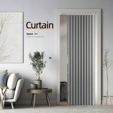 1PC Magnetic Folding Door Curtain, With Hanging Rings And Magnetic Closure, Beige And Grey Colors Available, Suitable For Living Room, Bedroom And Kitchen Space Partitioning, As Well As Room Decoration. - Door Curtain - View 3