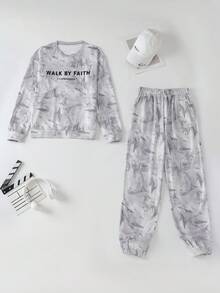 Teenager Spring/Autumn Knit 2 Pieces Set, Grey Geometric All-Over Print Letter Crew Neck Sweatshirt, Loose Cuffed Joggers - Grey - View 6