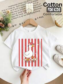 Girls Short Sleeve T-Shirt With Skateboarding Duck Print On Red And White Striped Background - White - View 6