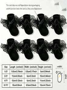 4 Pairs Girls Solid Color Ruffle Decor Cute Daily Wear Ankle Socks, Black Basic Daily School Outfit, Back To School Season Matching School Uniform - Black - View 2