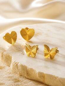 VceTd 2/4PCS Classic Textured Design Heart/Butterfly Shaped Stainless Steel Stud Earrings For Women, Suitable For Daily Wear, Holiday Occasions Or Gifts - Yellow Gold - View 1