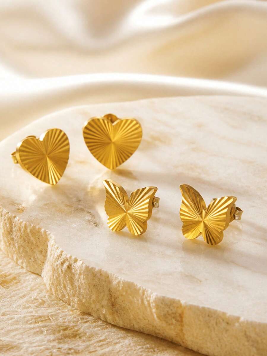 VceTd 2/4PCS Classic Textured Design Heart/Butterfly Shaped Stainless Steel Stud Earrings For Women, Suitable For Daily Wear, Holiday Occasions Or Gifts - Yellow Gold - View 1
