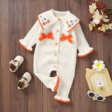 Infant Knitted Romper, Baby Girl Handmade Embroidered Floral Collar Romper, Bow Long Sleeve Ruffle Cuff Crawl Suit - Beige - View 12