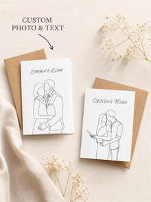 1pc Customized Couple Line Art Wedding Greeting Cards, Single-Line Sketch Blessing Cards For The Couple, Personalized Wedding Portrait Memo Cards, Minimalist Wedding Stationery, Customized Wedding Painting Cards. - Multicolor - View 9