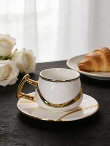 Gold Rim Ceramic Espresso Cup & Saucer Set, 90ml Luxury Gold-Inlaid Mini Ceramic Coffee Cup, Turkish Coffee Cup, Suitable For Latte Mocha, Home Kitchen Tableware, Home Decor Gift - Multicolor - View 5