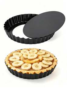 1pc Removable Bottom Quiche Pan,Tart Pans With Removable Bottom,Non Stick Round Fluted Edge Quiche Pans Cake Pans For Baking Pizza Fruit Mousse Dessert,Nonstick Round Pie Pans,Apple Pie Baking Tray,Banana Pie Baking Tray,Pizza Baking Tray With Bottom - Black - View 1