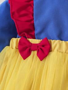 Baby Girls Autumn New Fashion Versatile Cute Dopamine Color Block Casual Bodysuit With Ruffle Hem, Bow Decor, Mesh Fabric, Matching Hair Tie, Suitable For Outdoor Wear - Multicolor - View 5