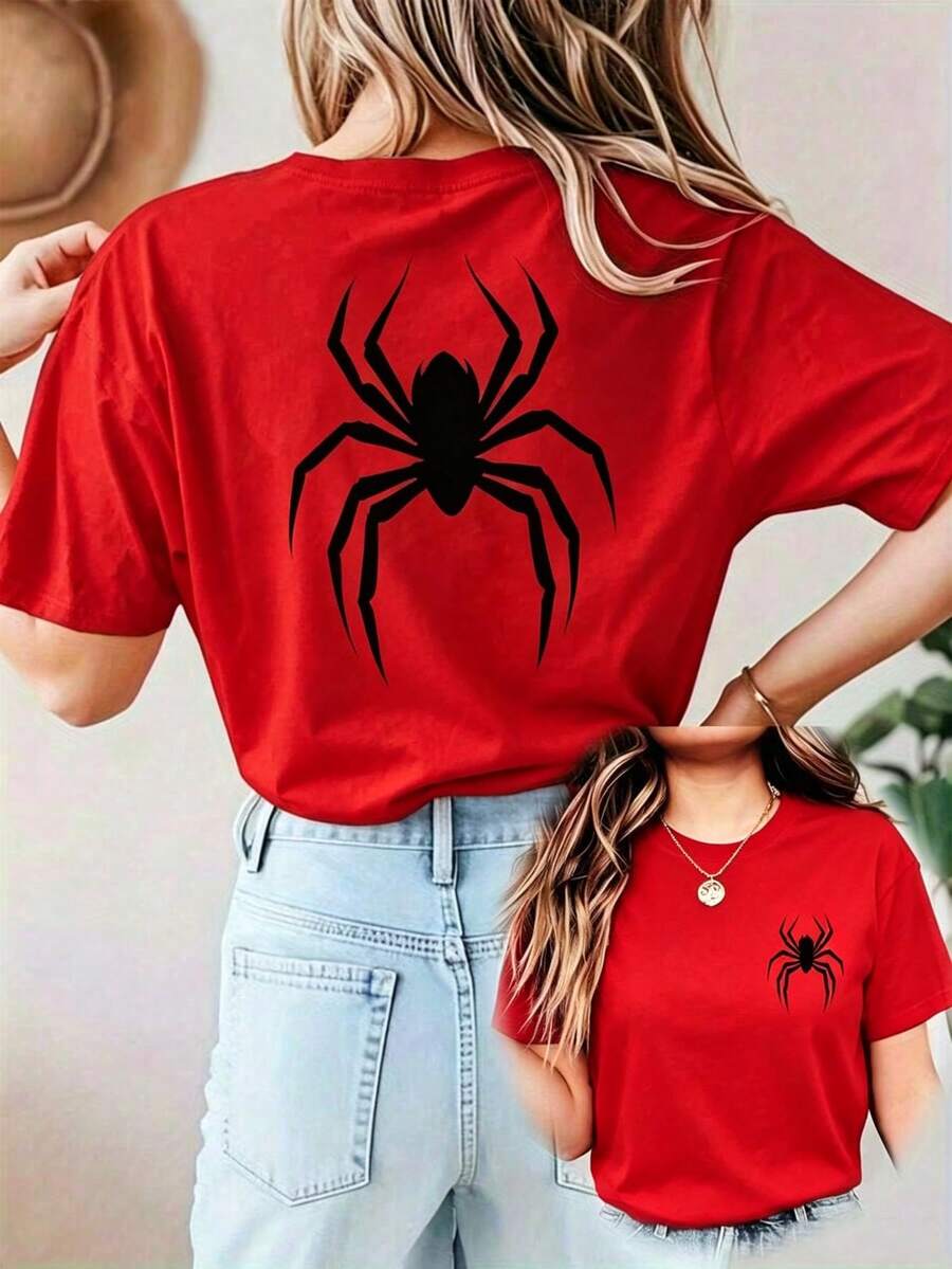 Símbolo de araña roja que representa valentía y energía femenina sobre fondo oscuro transmitiendo poder y camiseta para mujer doble cara con impresió - Rojo - Ver 1
