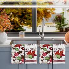 2/4/48pcs Autumn Series Maple Leaf Plaid Pattern Printed Kitchen Towels - Super Soft, Highly Absorbent Polyester Dish And Hand Towels, Perfect For Holiday Decor, Kitchen Decor, Party Decor - Multicolor - View 4