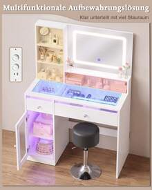 Devoko tocador con espejo LED, iluminación RGB y modo música, tocador con superficie de cristal, cajones, estante abierto, regleta de enchufes, USB/Tipo C y función de temporizador, blanco - Ver 3