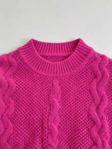 Soft Style Twisted Knit Crew Neck Loose Fit Lazy Solid Color Hollow Out Pullover Sweater - Hot Pink - View 3