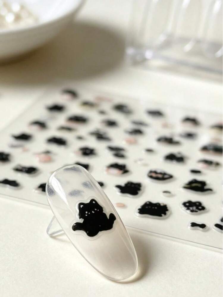 2Pcs/Set 3D 3D Embossed Cute Black Cat Nail Stickers, Self Adhesive Cartoon Kitten Nail Decals, Kawaii Animal Nail Art Decorations For DIY Manicure Press On Nails - Multicolor - View 5