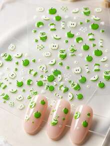 2 Sheets 5D Cute Apple For Nail Stickers - Spring And Summer Cartoon Fruit Design, Sweet Charm, Self-Adhesive Plastic Decals, Suitable For Nail Art, Odorless, Single Use, Fruit Decoration - Green - View 2