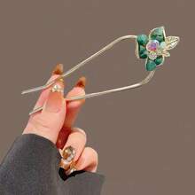 1pc Floral Print Bohemian Zinc Alloy Rhinestone Green Leaf U-Shaped Hair Pin, High-End New Chinese Style Metal Hair Stick, Vintage Fresh Hair Accessory For Updo, Suitable For All Seasons, Headband Hair Ornament - Multicolor - View 1