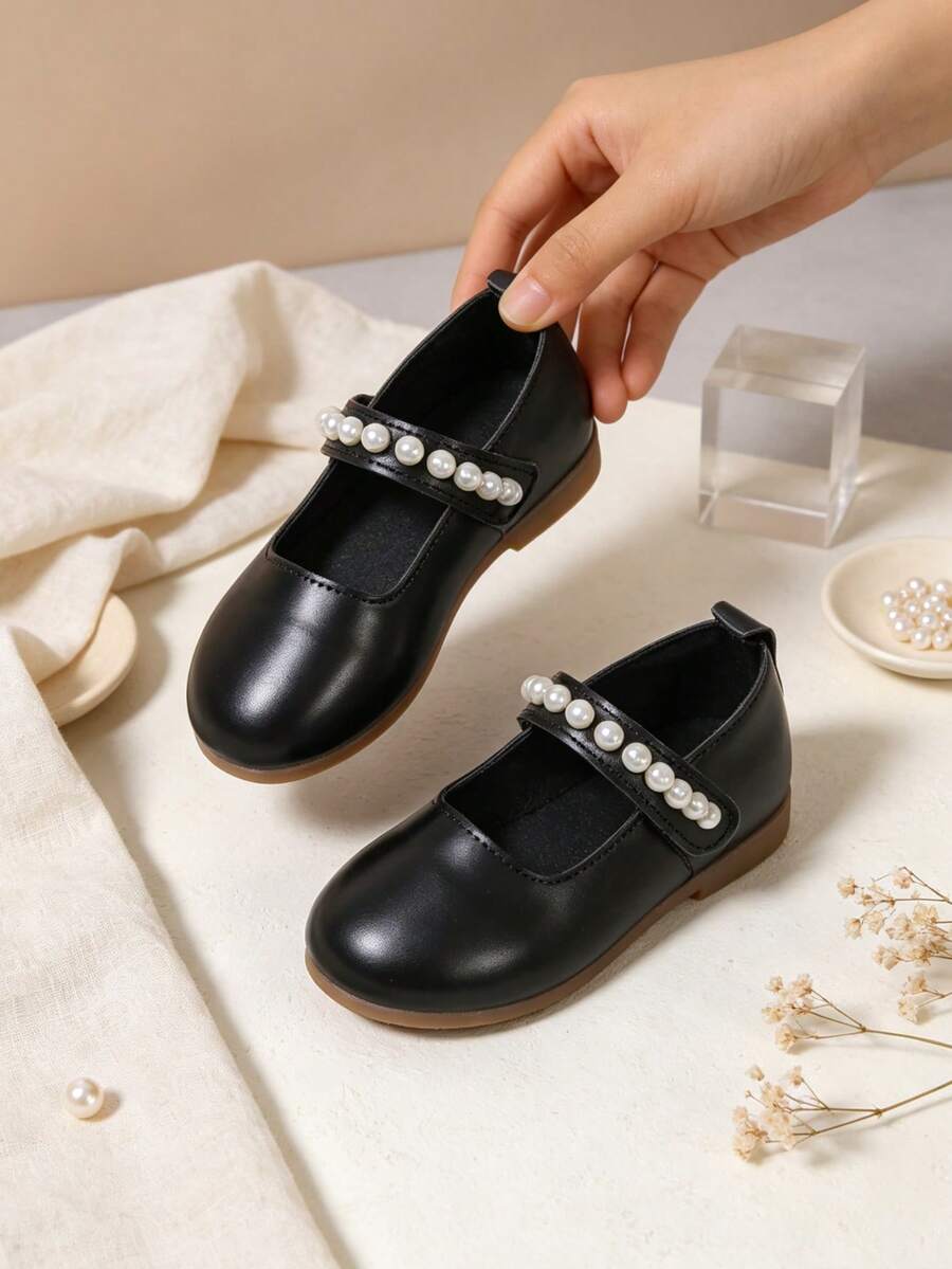 Girls' Pearl Decor Mary Jane Flat Shoes, Soft Faux Leather Non-Slip Cowhide Sole Dress Shoes, Suitable For Toddlers And Young Children, School, Party, Daily Wear - Black - View 1