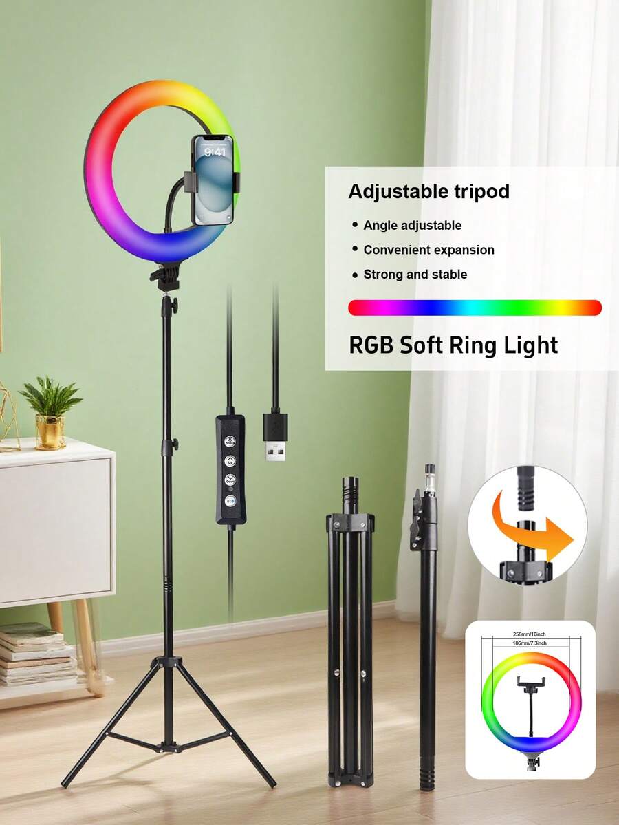 10-Inch Ring Light Strip, 63-Inch Extendable Tripod And Phone Holder, Dimmable LED Ring Light For Photography And Live Streaming, Suitable For Selfie Camera Photography/Makeup/Video/Live Streaming. - 黑色-10IN fill light - 查看 1