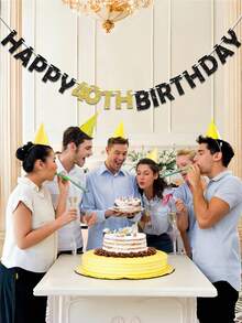 1pc Black & Gold Glitter 40th/50th/60th/70th/80th Happy Birthday Banner For Birthday Party Decoration - Black Gold - View 2