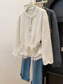 Cute Women's Pearl Decorated Knitted Cardigan, Tie Waist Ruffle Hem Sweater Top Suitable For Coffee Dates And New Year Outfits - White - View 7