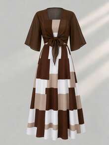 Set Gaun Elegan 2 Potong, Gaun Elegan Motif Kotak-kotak + Atasan Kardigan, Pakaian Sehari-hari Musim Panas - Coffee Brown - View 7