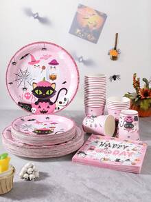 20/40-Piece Disposable Paper Tableware Set,Including 7/9-Inch Paper Plates,Paper Cups,And Napkins,Featuring Pink Black Cat,Pumpkin, Ghost,Witch Hat, And Spider Web Glitter Designs,Suitable As Desktop Decoration For Halloween Parties And Celebrations - Cat Halloween - View 1