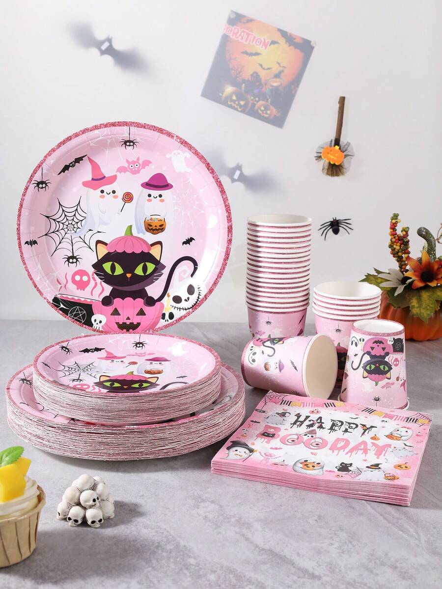 20/40-Piece Disposable Paper Tableware Set,Including 7/9-Inch Paper Plates,Paper Cups,And Napkins,Featuring Pink Black Cat,Pumpkin, Ghost,Witch Hat, And Spider Web Glitter Designs,Suitable As Desktop Decoration For Halloween Parties And Celebrations - Cat Halloween - View 1